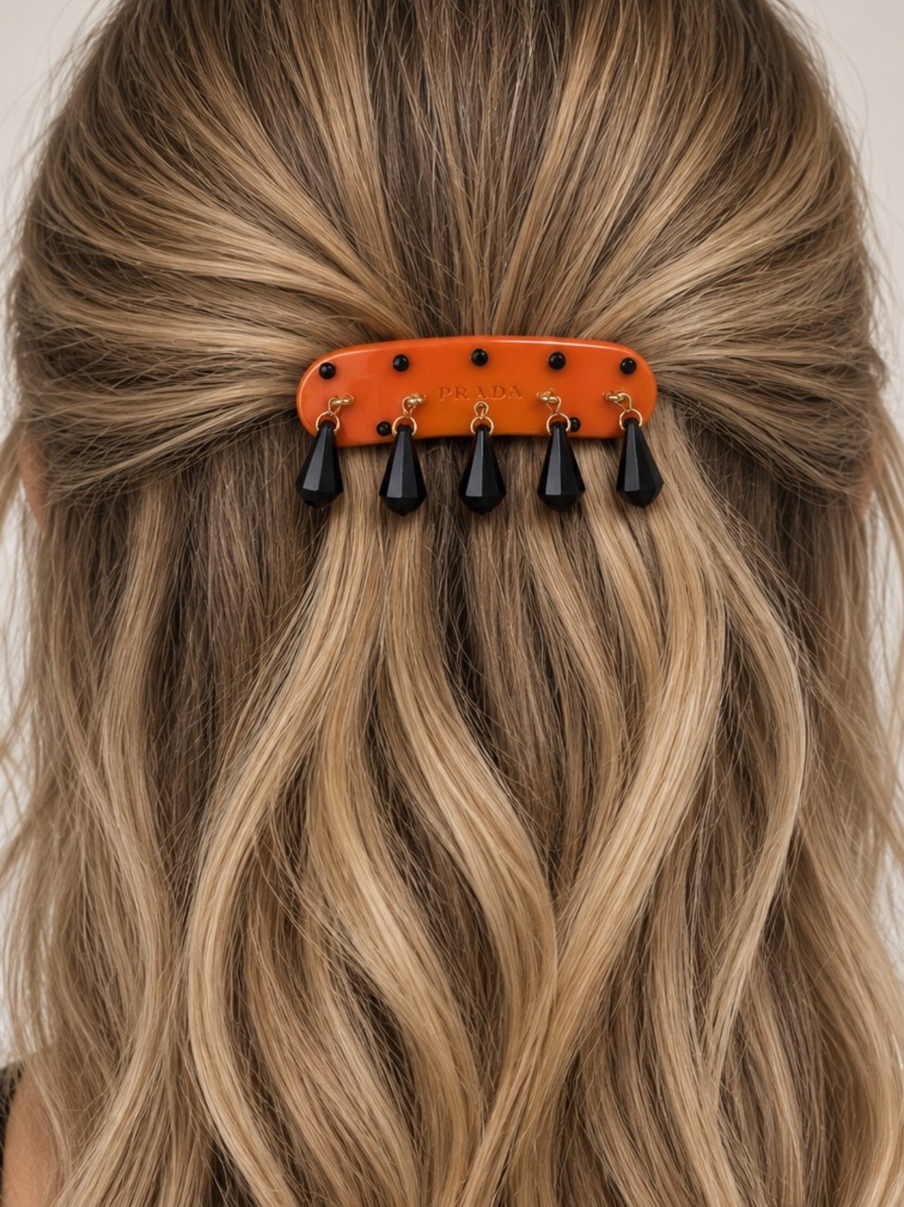 Vintage Y2K Prada Orange Barrette Hair Clip with Black Teardrop Dangles